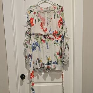 Fashion Nova White Floral V-Neck Tie-Waist Blouse with Red, Blue & Green Accents